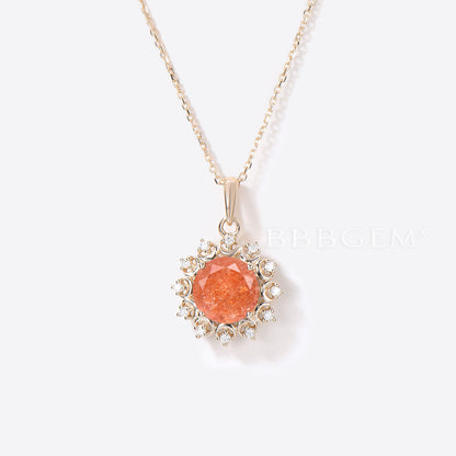 Solid Gold Round Sunstone Necklace Celestial Moon Halo Diamond Pendant