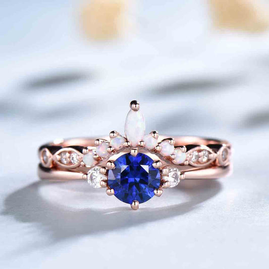 Classic Blue Sapphire Engagement Ring And Opal Stackable Band 0