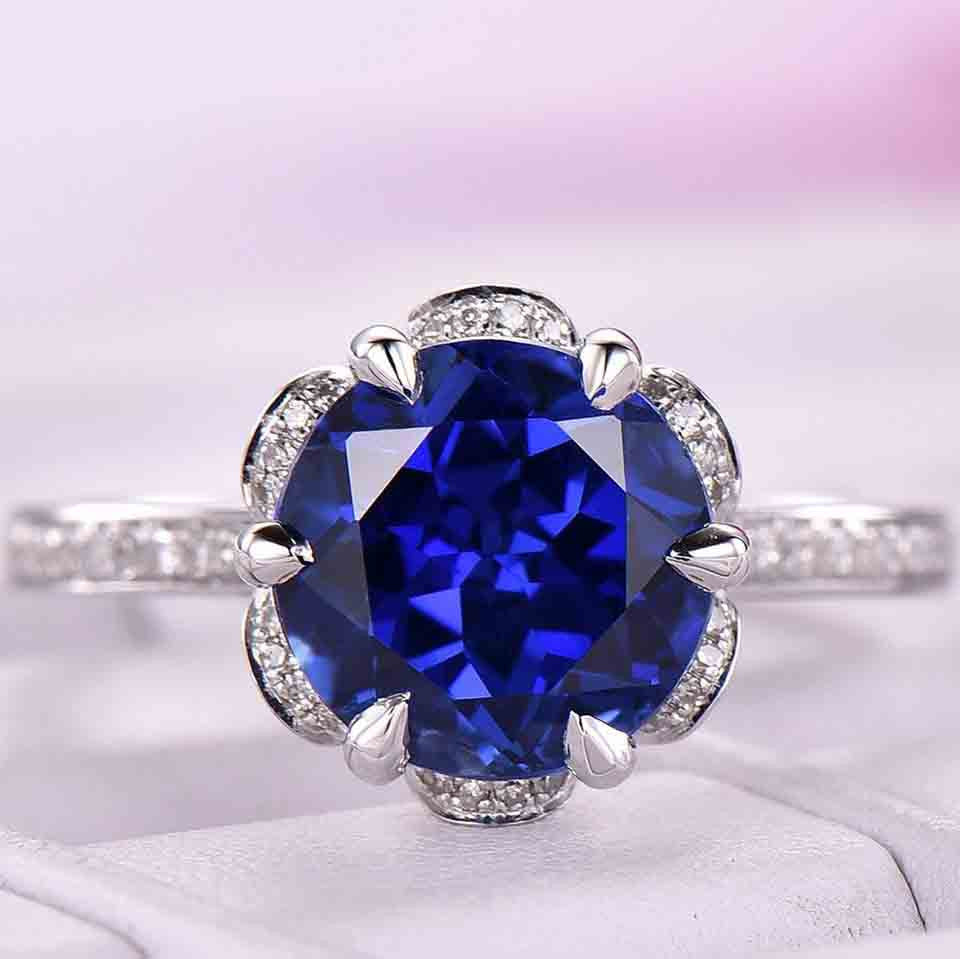 Art Deco Halo Blue Sapphire Diamond Engagement Ring 0