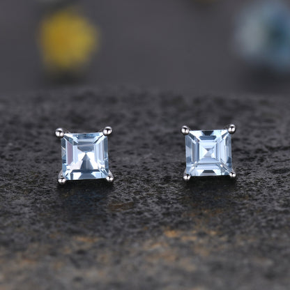 Classic Basket-Set Square Aquamarine Stud Earrings-Aquamarine Studs Earring in Sterling Silver