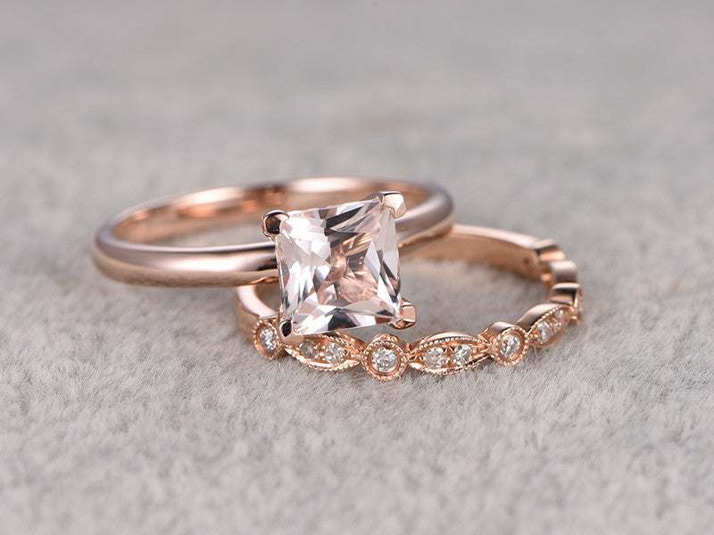 Princess Cut Morganite Wedding Set