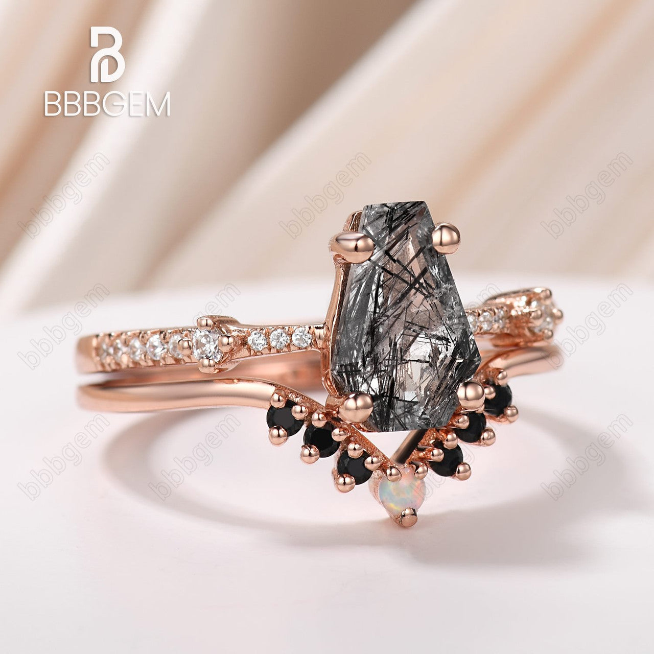 Gothic Black Tourmaline Quartz Statement Coffin Cut Ring Set In