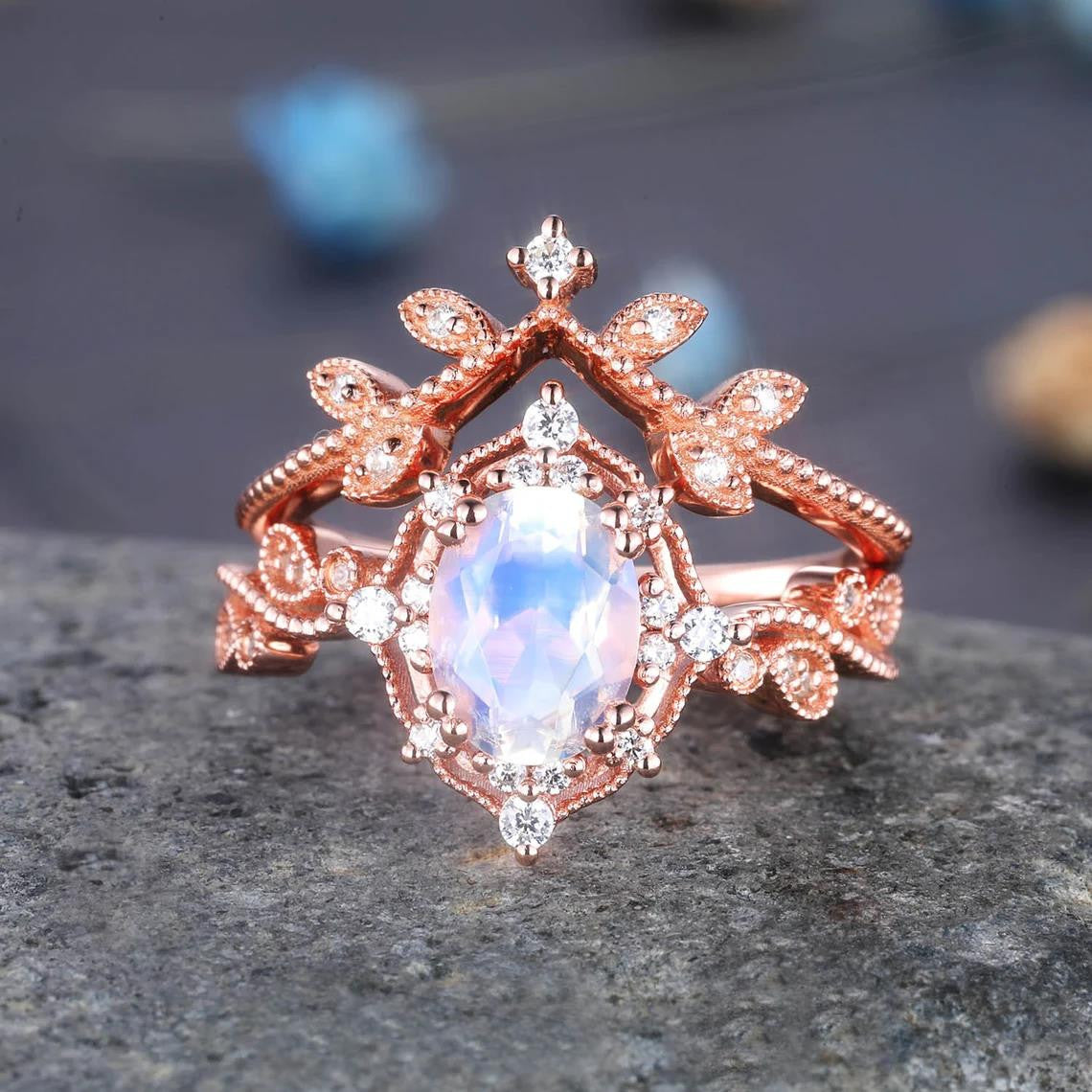 Rose Gold Oval Moonstone Engagement Ring Set BBBGEM