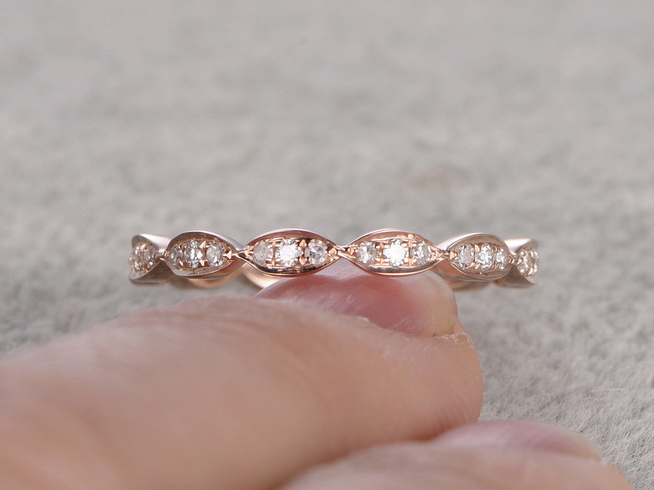 Round Diamond Wedding Ring Solid 14K Rose Gold Art Deco Marquise Three Stone Stacking Matching Band