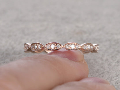 Round Diamond Wedding Ring Solid 14K Rose Gold Art Deco Marquise Three Stone Stacking Matching Band