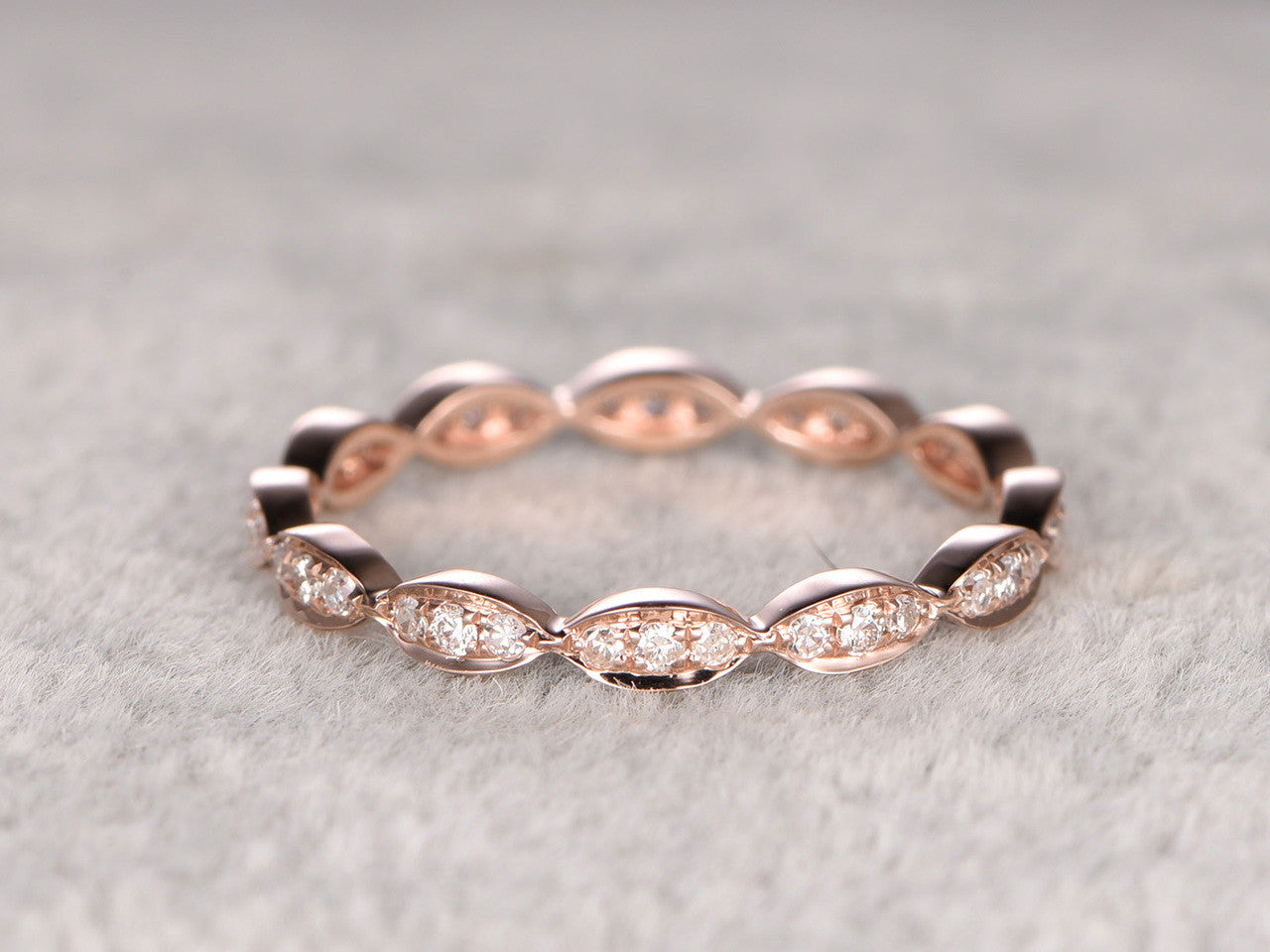 Round Diamond Wedding Ring Solid 14K Rose Gold Art Deco Marquise Three Stone Stacking Matching Band