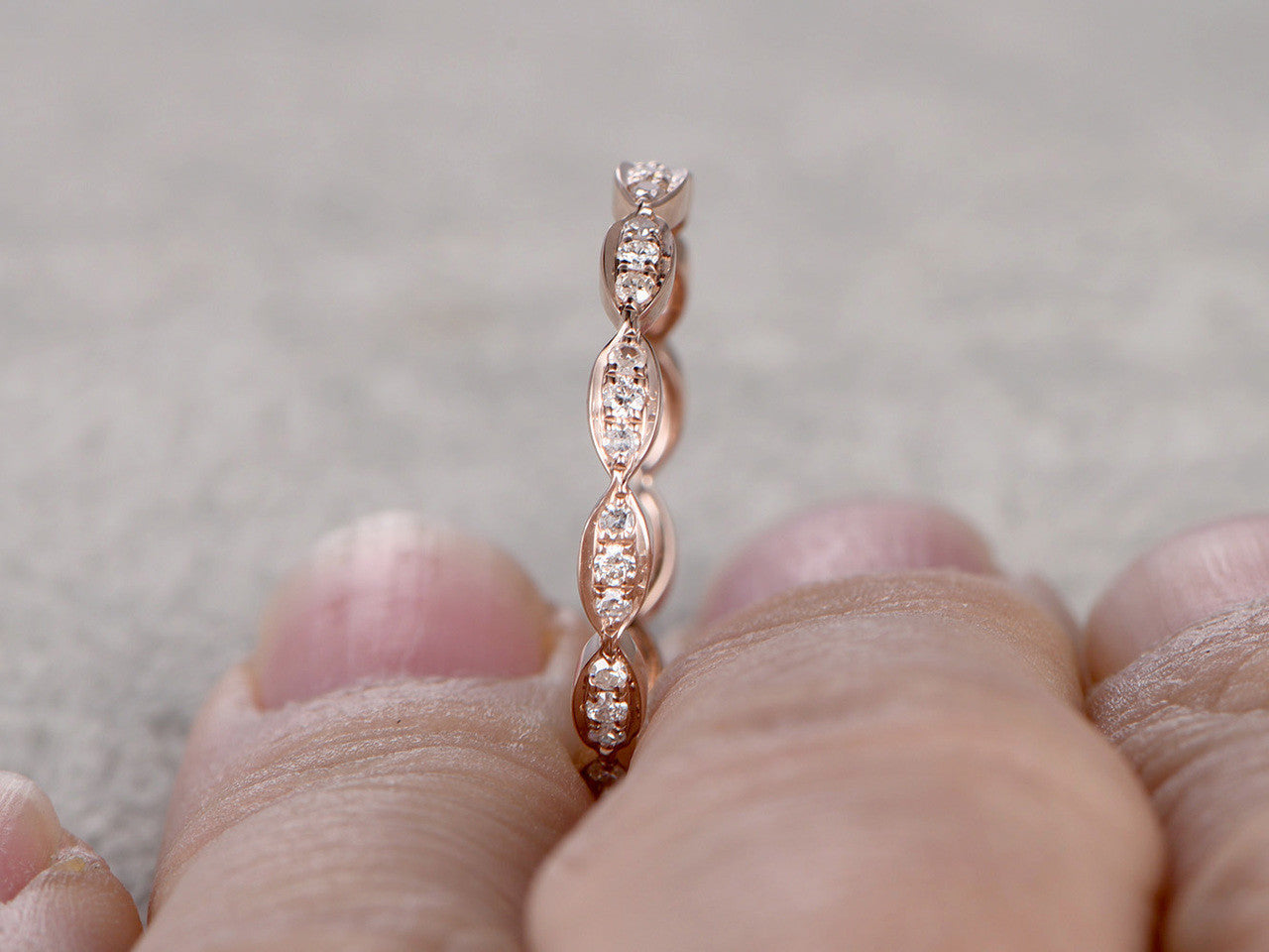 Round Diamond Wedding Ring Solid 14K Rose Gold Art Deco Marquise Three Stone Stacking Matching Band