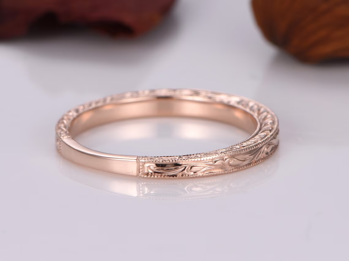 Antique Wedding Band Solid 14k Rose Gold Filigree Flower Annivesary Ring