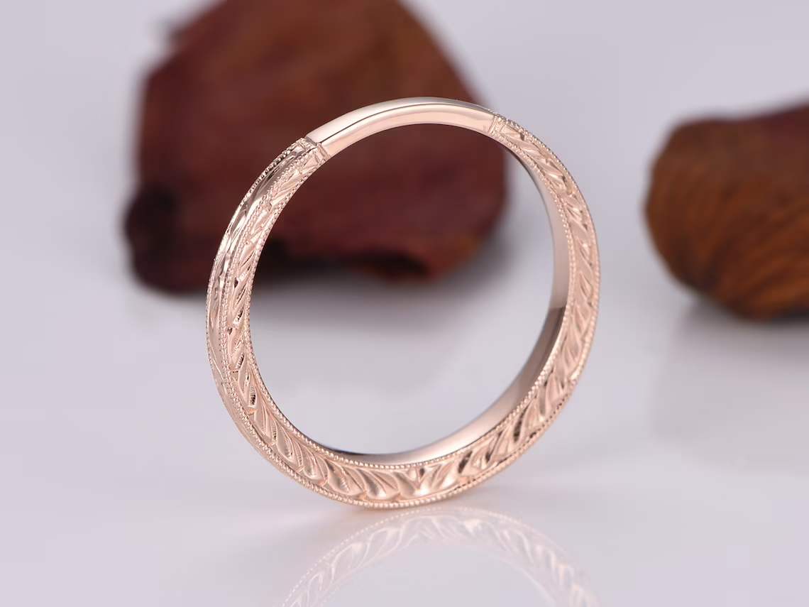 Antique Wedding Band Solid 14k Rose Gold Filigree Flower Annivesary Ring