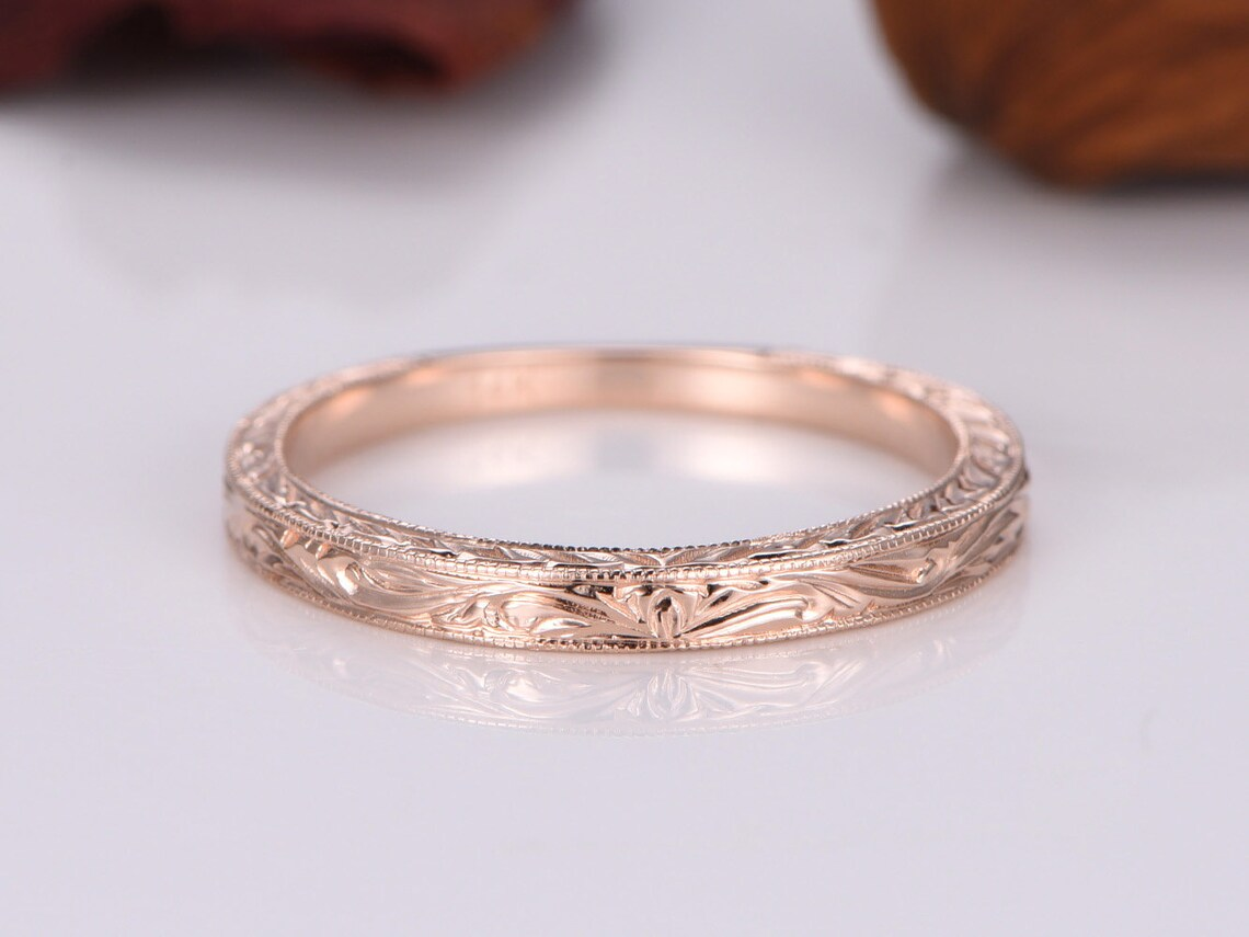 Antique Wedding Band Solid 14k Rose Gold Filigree Flower Annivesary Ring