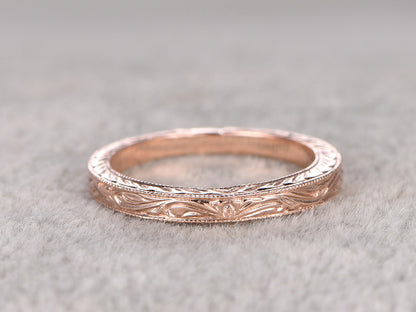 Antique Wedding Band Solid 14k Rose Gold Filigree Flower Annivesary Ring