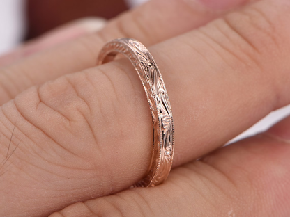 Antique Wedding Band Solid 14k Rose Gold Filigree Flower Annivesary Ring